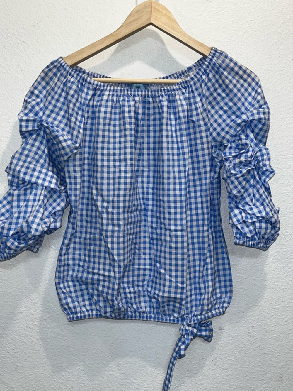 CeCe Blue Gingham Off-Shoulder Tie-Hem Blouse
